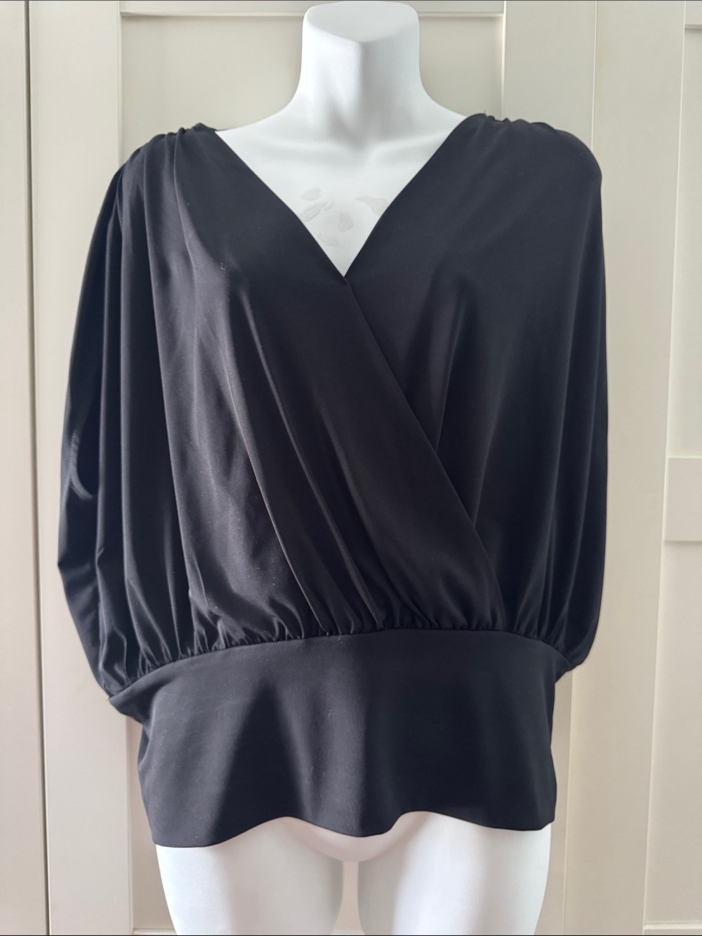 INC International Concepts Black Wrap-Front Dolman Sleeve Blouse